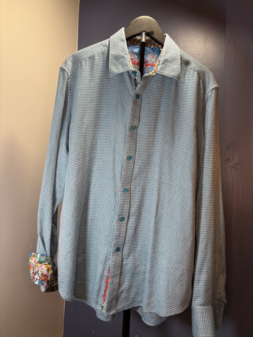 Robert Graham Light Blue Patterned Dress Shirt with Multicolor Accents